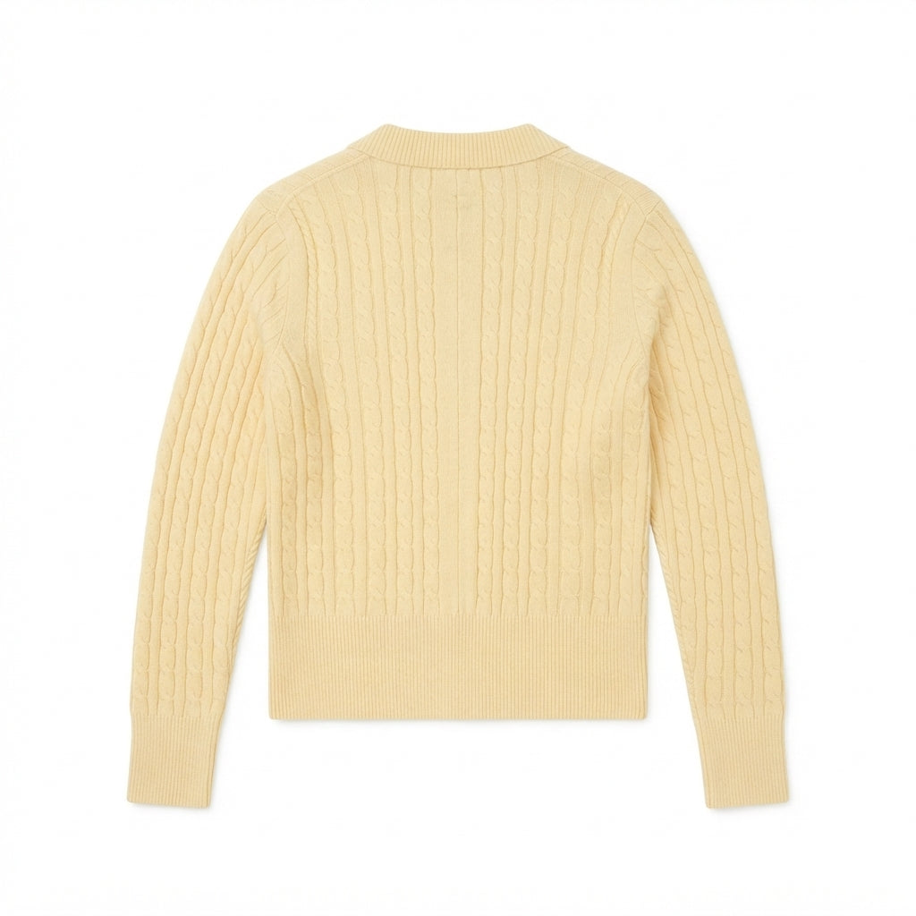 [WHOLESALE ONLY - CONTACT TO ORDER] Women's Classic Fitted Cable-Knit Crewneck Full-Zip Cardigan Sweater (Soft Pastel Butter Yellow) [AW-208]