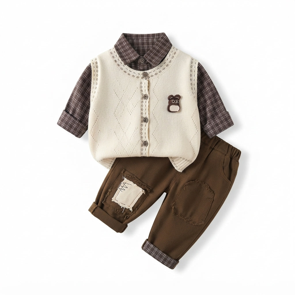 [WHOLESALE ONLY - CONTACT TO ORDER] Toddler Boys 3-Piece Plaid Shirt, Knit Cardigan Vest & Corduroy Trousers Set - Preppy Bear Patch Gentleman Outfit [KW-153]