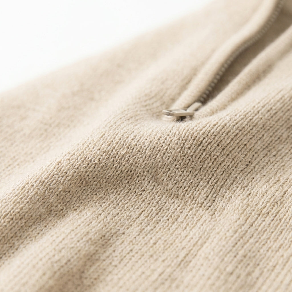 [WHOLESALE ONLY - CONTACT TO ORDER] Unisex Preppy Quarter-Zip Polo Collar Drop-Shoulder Knit Pullover Sweater (Heather Oat Melange) [AW-191]