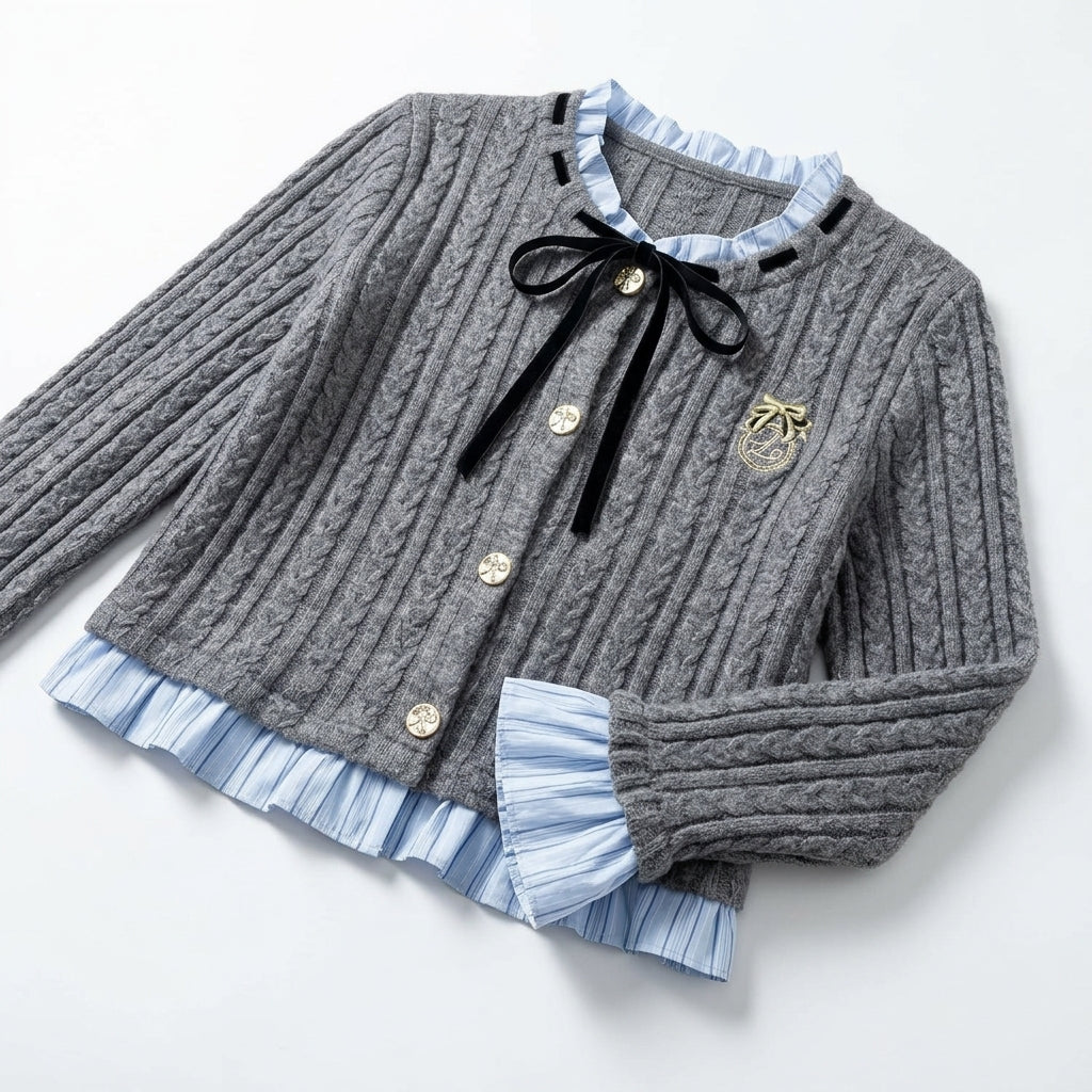 [WHOLESALE ONLY - CONTACT TO ORDER] Women's Preppy 2-in-1 Layered Cable-Knit Cardigan with Pleated Shirting Trim, Velvet Bow & Gold Crest Button Details (Heather Medium Grey & Sky Blue) [AW-232]