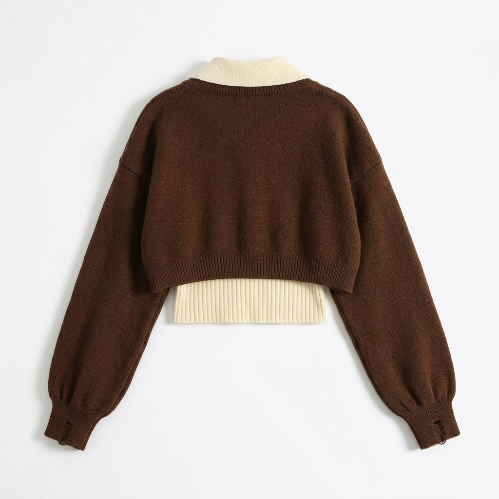 [WHOLESALE ONLY - CONTACT TO ORDER] Women's Preppy 2-in-1 Layered Cropped Knit Pullover Sweater with Ribbed Polo Collar Insert & Distressed Sleeve Details (Espresso Brown & Cream White) [AW-221]
