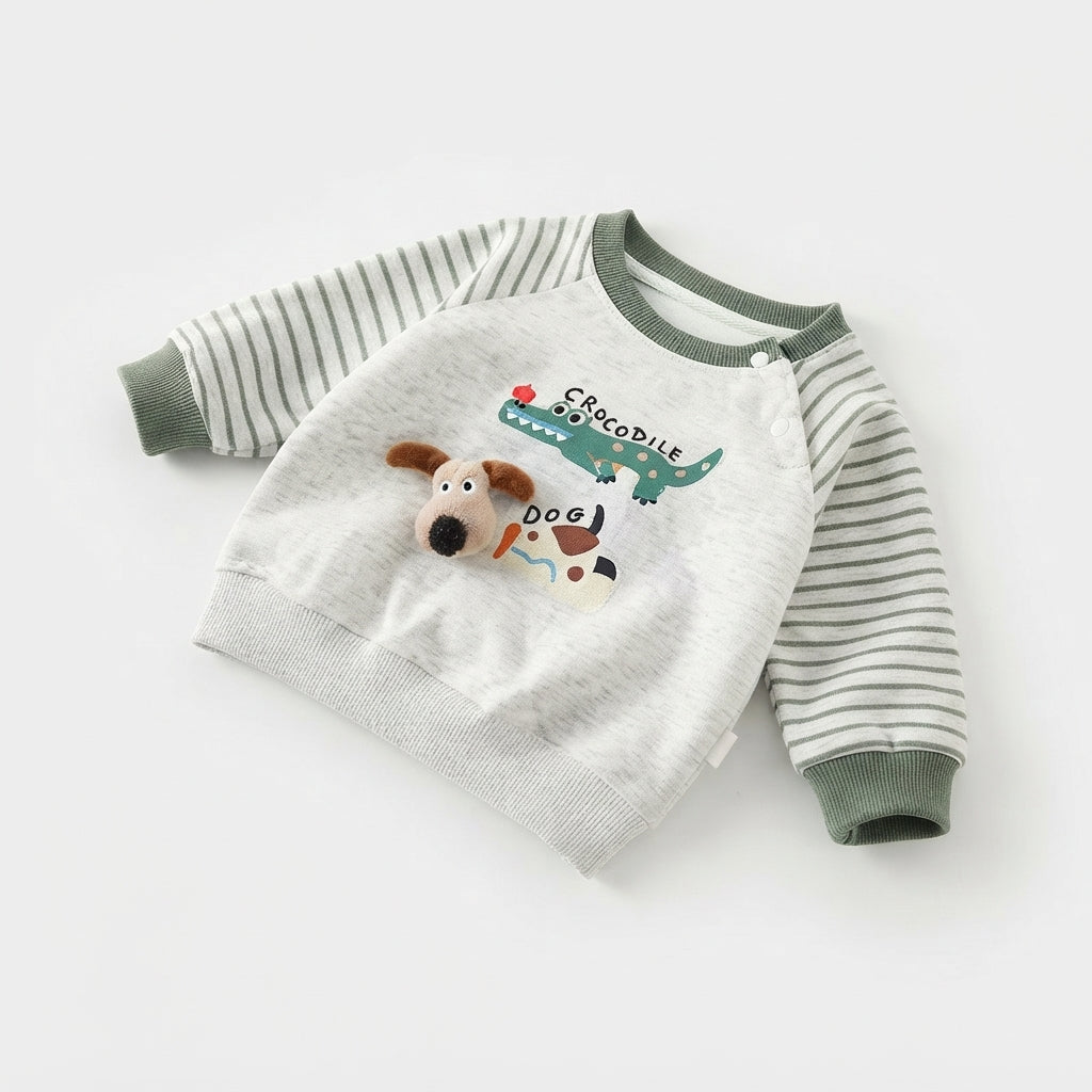[WHOLESALE ONLY - CONTACT TO ORDER] Toddler Baby Fleece Crewneck Sweatshirt - 3D Stuffed Puppy Head & Crocodile Print Striped Raglan Sleeve Pullover[KW-137]