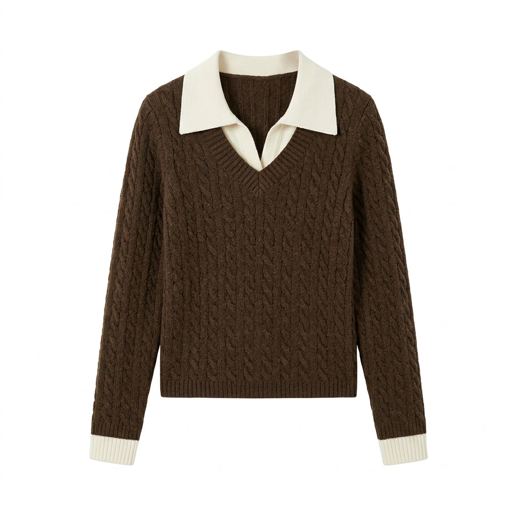 [WHOLESALE ONLY - CONTACT TO ORDER] Women's Preppy Cable-Knit V-Neck Polo Collar Layered Pullover Sweater (Espresso Brown & Cream) [AW-121]