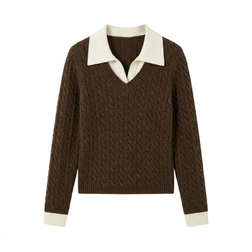 [WHOLESALE ONLY - CONTACT TO ORDER] Women's Preppy Cable-Knit V-Neck Polo Collar Layered Pullover Sweater (Espresso Brown & Cream) [AW-121]