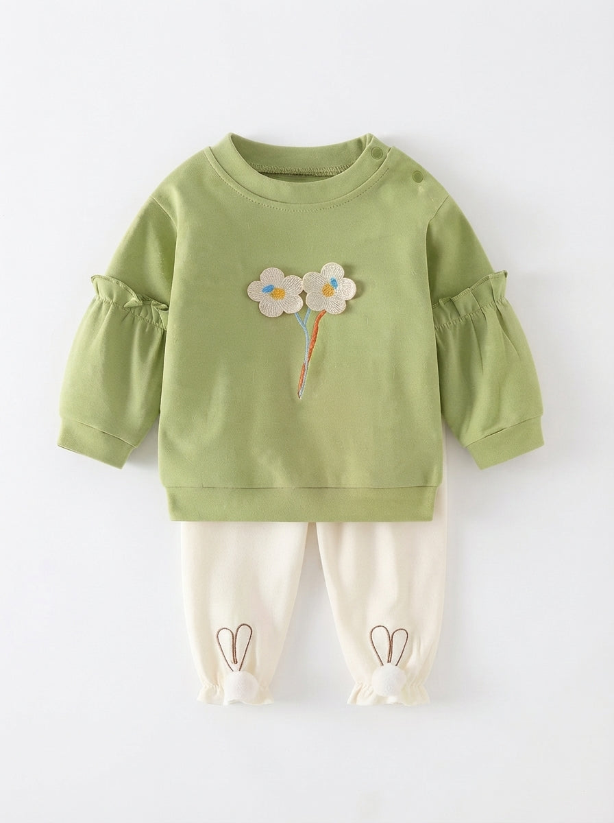 [WHOLESALE ONLY - CONTACT TO ORDER] Toddler Baby Girls 2-Piece Ruffle Sleeve Sweatshirt & Bunny Ears Cuffed Joggers Set - Floral Embroidery Loungewear [KW-101]