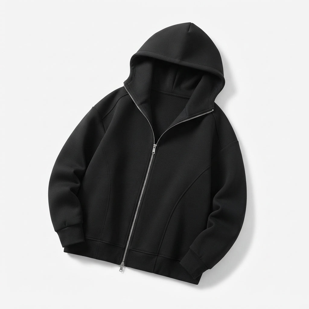 [WHOLESALE ONLY - CONTACT TO ORDER] Unisex Heavyweight 420GSM 85% Combed Cotton Brushed Fleece Curved Arch Seam Double-Zip Oversized Hoodie (Pitch Black) [AW-116]