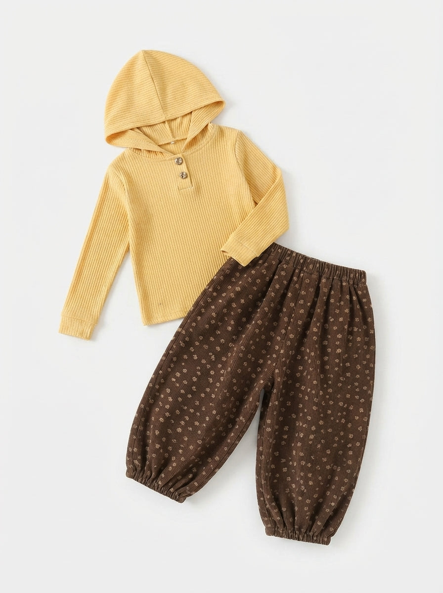 [WHOLESALE ONLY - CONTACT TO ORDER] Toddler Baby Girls 2-Piece Waffle Knit Hooded Henley Top & Ditsy Floral Corduroy Balloon Pants Set - Autumn Casual Loungewear [KW-149]