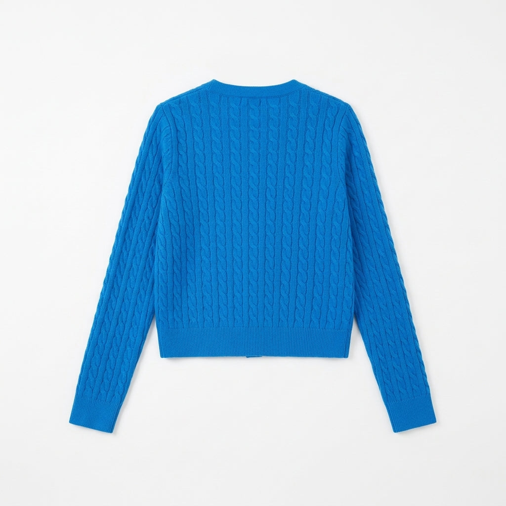[WHOLESALE ONLY - CONTACT TO ORDER] Women's Classic Fitted Cable-Knit Crewneck Button-Front Cardigan Sweater (Vibrant Azure Cerulean Blue) [AW-202]