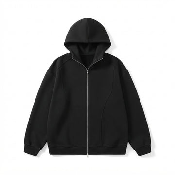 [WHOLESALE ONLY - CONTACT TO ORDER] Unisex Heavyweight 420GSM 85% Combed Cotton Brushed Fleece Curved Arch Seam Double-Zip Oversized Hoodie (Pitch Black) [AW-116]