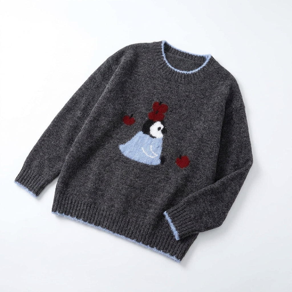 [WHOLESALE ONLY - CONTACT TO ORDER] Women's / Unisex Whimsical Fuzzy Penguin & Red Apple Intarsia Knit Sweater with Contrast Sky Blue Scalloped Tipping (Heather Charcoal Grey) [AW-234]
