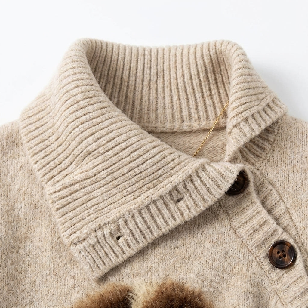 [WHOLESALE ONLY - CONTACT TO ORDER] Women's / Unisex Cozy Asymmetric Buttoned Fold-Over Collar Knit Sweater with 3D Fuzzy Puppy in Fair Isle Vest Graphic (Heather Oatmeal Beige) [AW-236]