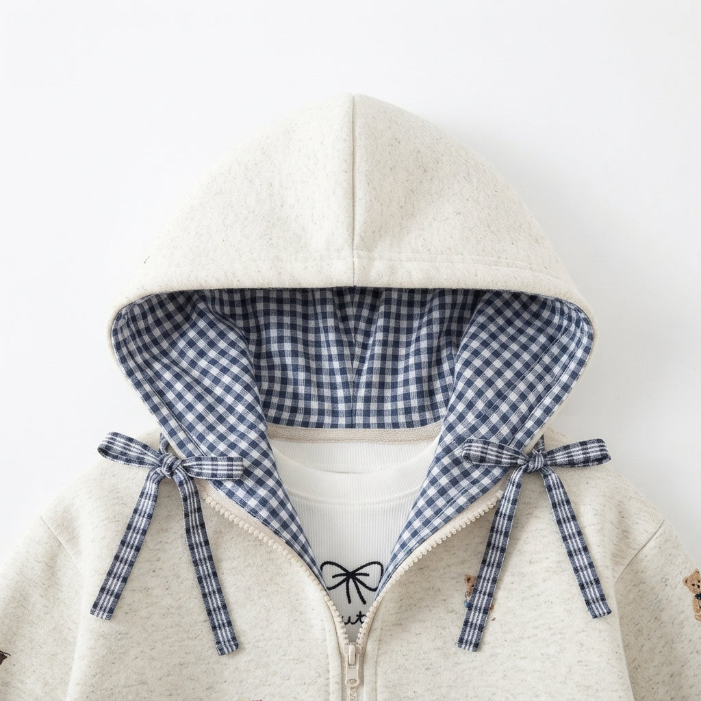 [WHOLESALE ONLY - CONTACT TO ] ToddleORDERr Girls Coquette Gingham Bow Fleece Zip-Up Hoodie & Jogger Pants Set - Gingham Lined Hood & Teddy Bear Embroidery Tracksuit [KW-166]