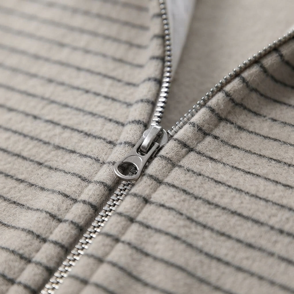 [WHOLESALE ONLY - CONTACT TO ORDER] Unisex Heavyweight 420GSM Yarn-Dyed Striped Fleece Zip-Up Hoodie with Faux Fur Trim Hood (Vintage Heather Oat & Charcoal) [AW-120]