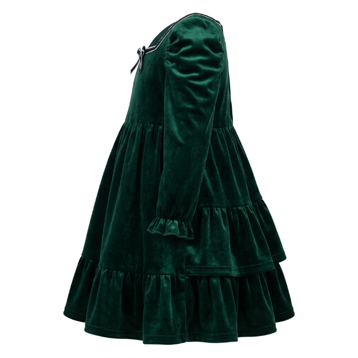 [WHOLESALE ONLY - CONTACT TO ORDER] Toddler & Girls Emerald Green Velvet Long Sleeve Ruffle Tiered Holiday Party Dress with Lace Square Neck - Catalog Display Only (Do Not Order Directly)