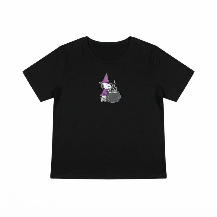 [WHOLESALE ONLY - CONTACT TO ORDER] Women's Halloween Witch Snoopy Graphic T-Shirt Black Short Sleeve Cotton Crewneck Tee - Do Not Buy Direct