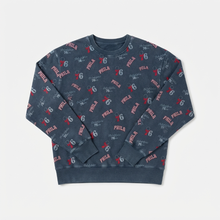 [WHOLESALE ONLY - CONTACT TO ORDER] NBA Philadelphia 76ers Vintage Mineral Washed All-Over Print Crewneck Sweatshirt Long Sleeve Pullover - Do Not Buy Direct