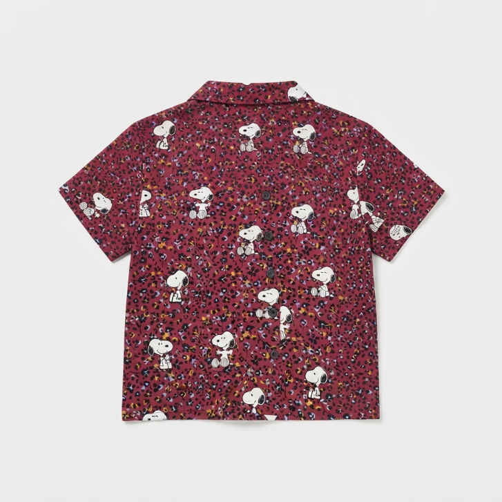 [WHOLESALE ONLY - CONTACT TO ORDER] Women's Snoopy Ditsy Leopard Print Pajama Set 2-Piece Short Sleeve Button-Down Top and Ruffle Shorts Burgundy - Do Not Buy Direct