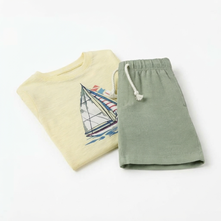 [WHOLESALE ONLY - CONTACT TO ORDER] Toddler & Boys 2-Piece Summer Sailboat Graphic T-Shirt & Sage Green Cotton Shorts Set - Catalog Display Only (Do Not Order Directly)