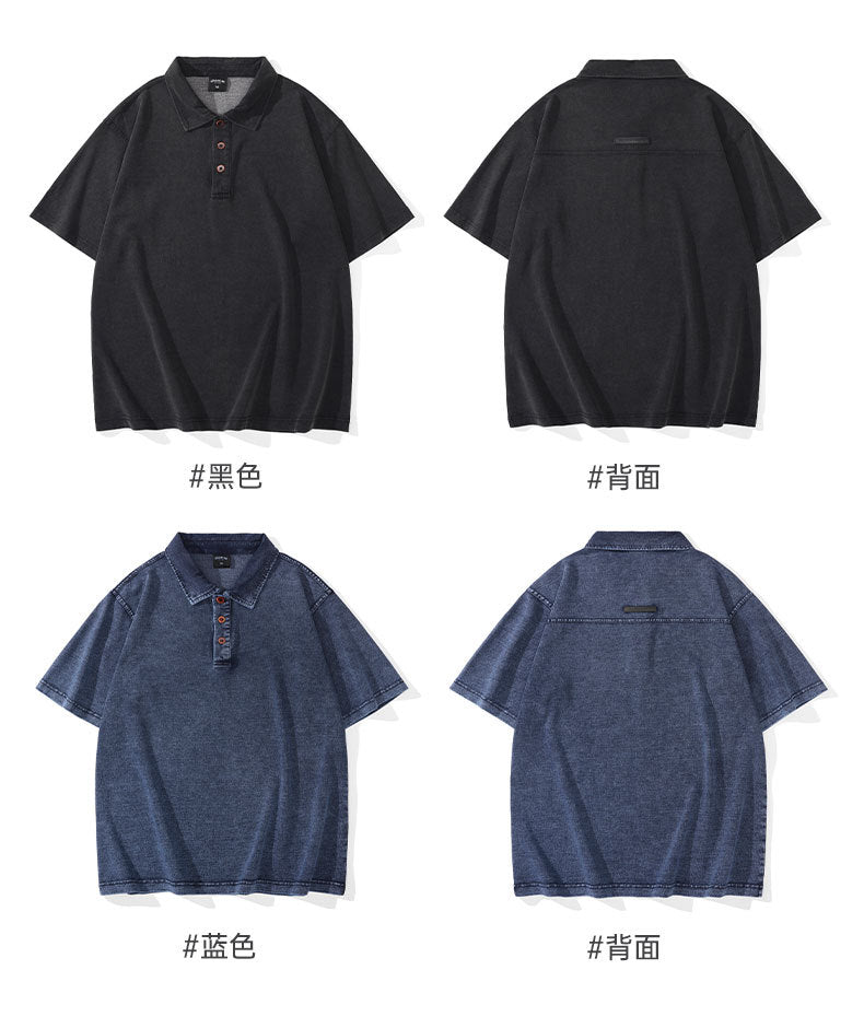 Men’s Heavyweight Washed T-Shirt – Vintage Loose Fit Drop Shoulder with Denim Collar[NA-012]