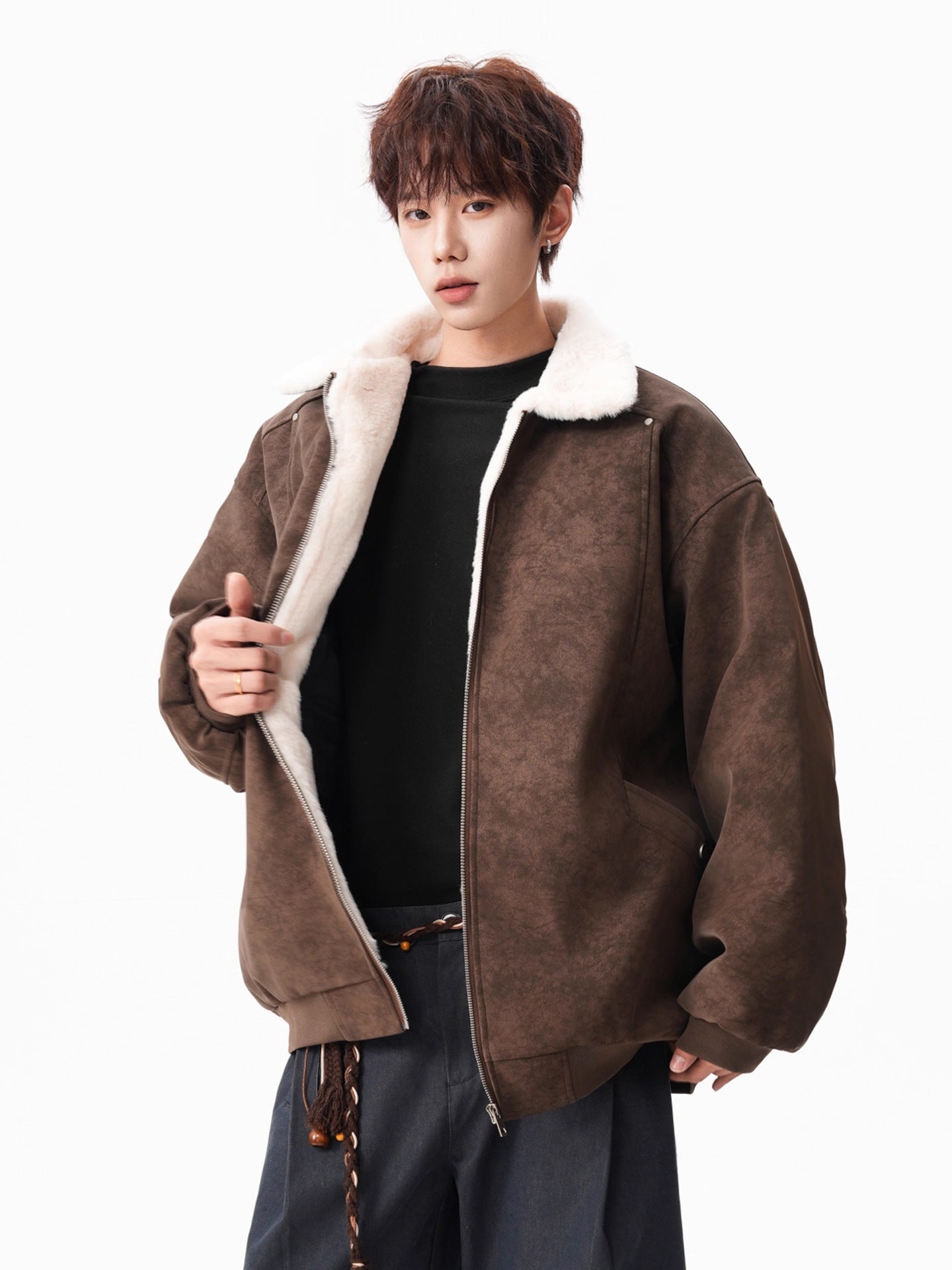 American-Style PU Leather Jacket with Sherpa Lining[DROP3-018]