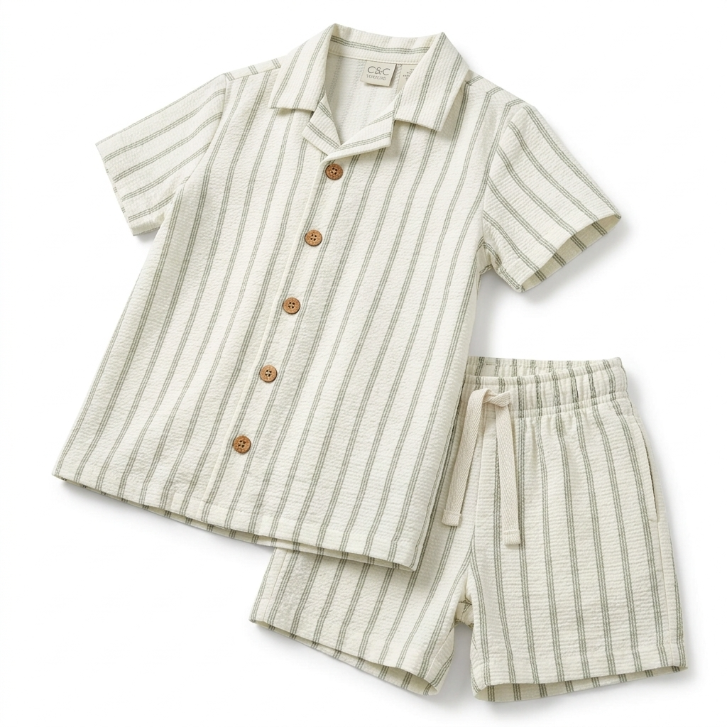 [WHOLESALE ONLY - CONTACT TO ORDER] Toddler Boys Striped Waffle Gauze Shirt & Shorts 2-Piece Summer Set (Sage Green) - Catalog Display Only (Do Not Order Directly)