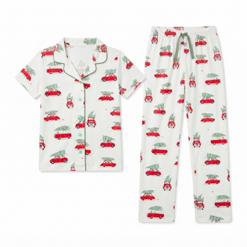 [WHOLESALE ONLY - CONTACT TO ORDER] Women's Christmas Vintage Red Truck Print Pajama Set 2-Piece Short Sleeve Button-Down Top and Pants - Do Not Buy Direct
