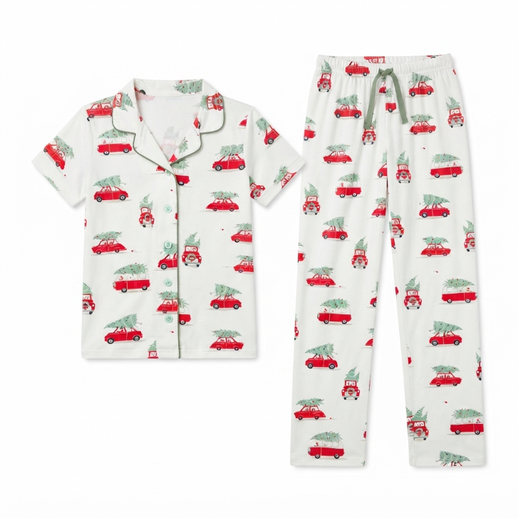 [WHOLESALE ONLY - CONTACT TO ORDER] Women's Christmas Vintage Red Truck Print Pajama Set 2-Piece Short Sleeve Button-Down Top and Pants - Do Not Buy Direct