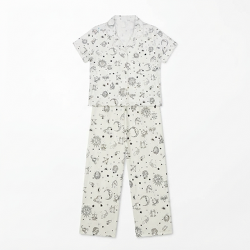 [WHOLESALE ONLY - CONTACT TO ORDER] Women's Celestial Zodiac Print Pajama Set 2-Piece Short Sleeve Notch Collar Top and Pants - Do Not Buy Direct