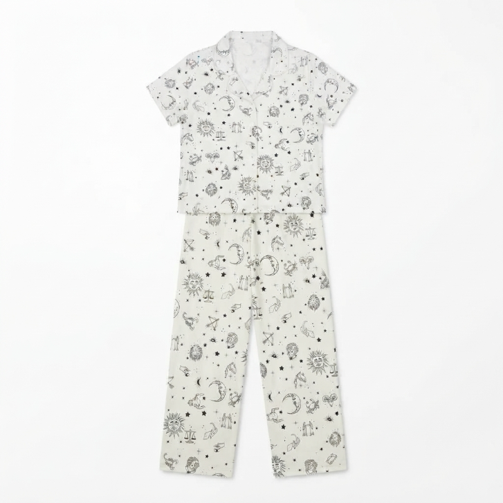 [WHOLESALE ONLY - CONTACT TO ORDER] Women's Celestial Zodiac Print Pajama Set 2-Piece Short Sleeve Notch Collar Top and Pants - Do Not Buy Direct
