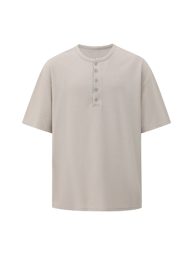 Men’s Henley T-Shirt, Loose Fit Short Sleeve Tee, Summer Casual Top, Korean Style Minimalist Everyday Wear[NA-018]