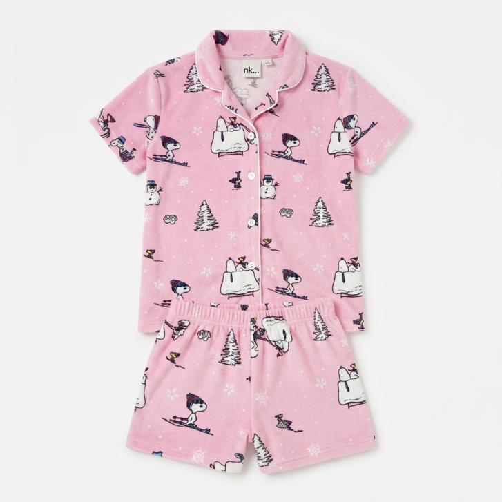 [WHOLESALE ONLY - CONTACT TO ORDER] Women's Snoopy Winter Ski Plush Fleece Short Pajama Set 2-Piece Button-Down Top and Shorts Pink - Do Not Buy Direct