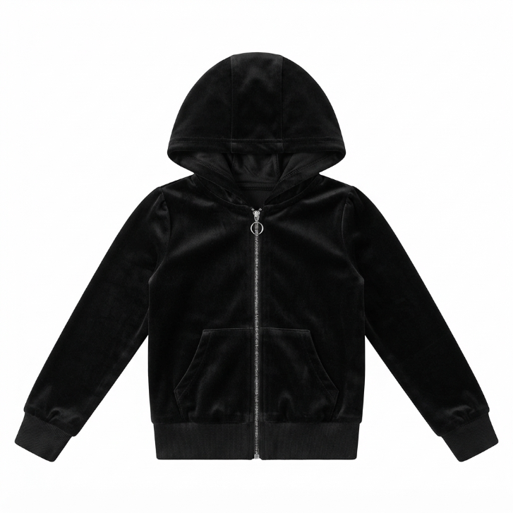 [WHOLESALE ONLY - CONTACT TO ORDER] Girls Black Velour Zip Hoodie and Lace-Trim Flared Sweatpants 2-Piece Tracksuit Set - Soft Cotton Blend Loungewear (Do Not Order Directly)
