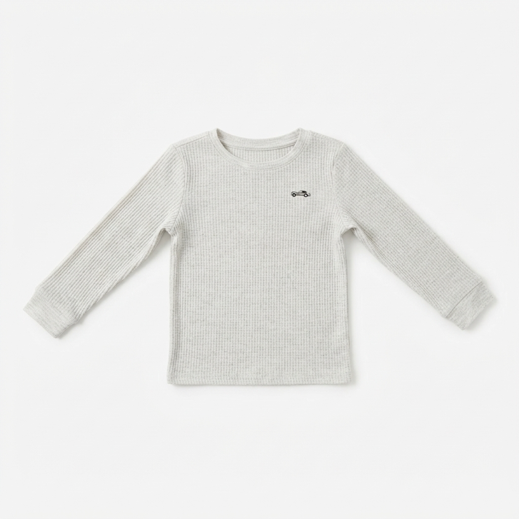 [WHOLESALE ONLY - CONTACT TO ORDER] Toddler Boys Heather Grey Waffle Knit Long-Sleeve Thermal T-Shirt - Car Embroidered Cotton Base Layer (Do Not Order Directly)