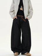 Unisex Vintage Black Denim Scimitar-Cut Wide-Leg Pants [DROP2-008]