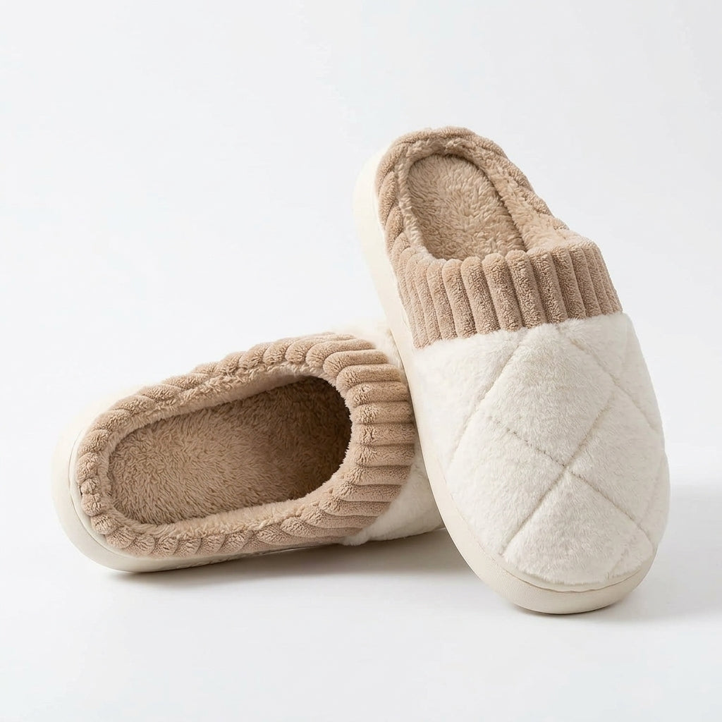 [WHOLESALE ONLY - CONTACT TO ORDER] Unisex Quilted Diamond Faux Fur Memory Foam Winter Slippers - Ribbed Collar Non-Slip Platform House Shoes (Ivory White & Tan) [FM-112]