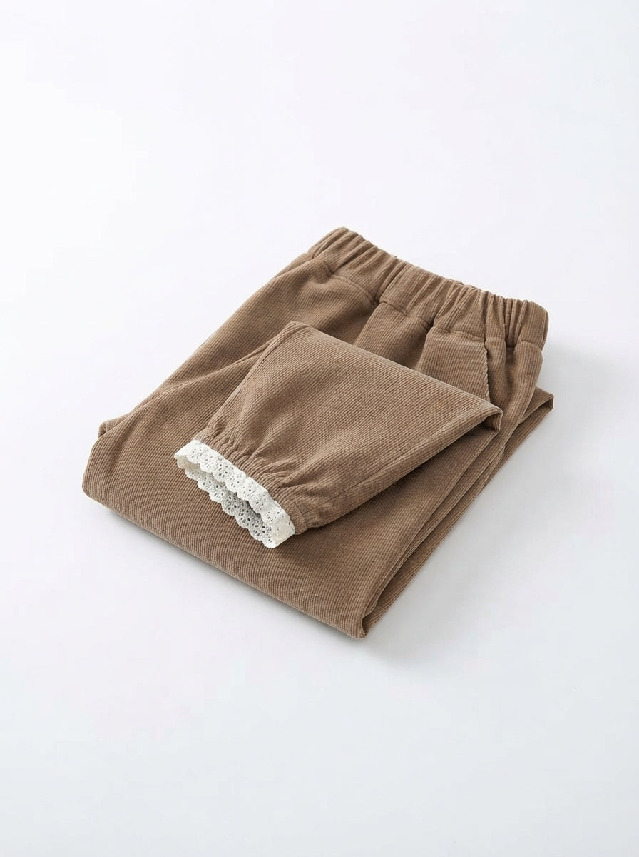 [WHOLESALE ONLY - CONTACT TO ORDER] Toddler Baby Girls Vintage Corduroy Bloomers - Crochet Lace Trim Elastic Waist Fall Winter Pants [KW-128]
