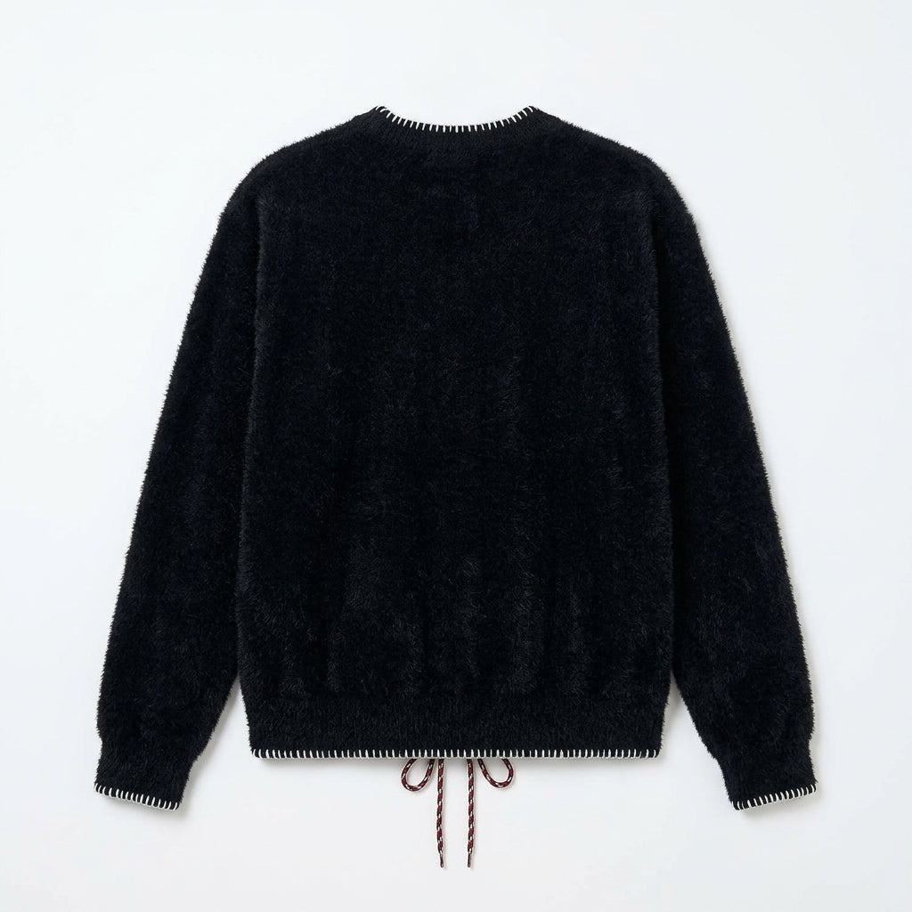 [WHOLESALE ONLY - CONTACT TO ORDER] Women's / Unisex Whimsical Fuzzy Plush Dalmatian Dog Intarsia Crewneck Knit Sweater with Blanket-Stitch Trim & Drawstring Hem (Jet Black) [AW-237]