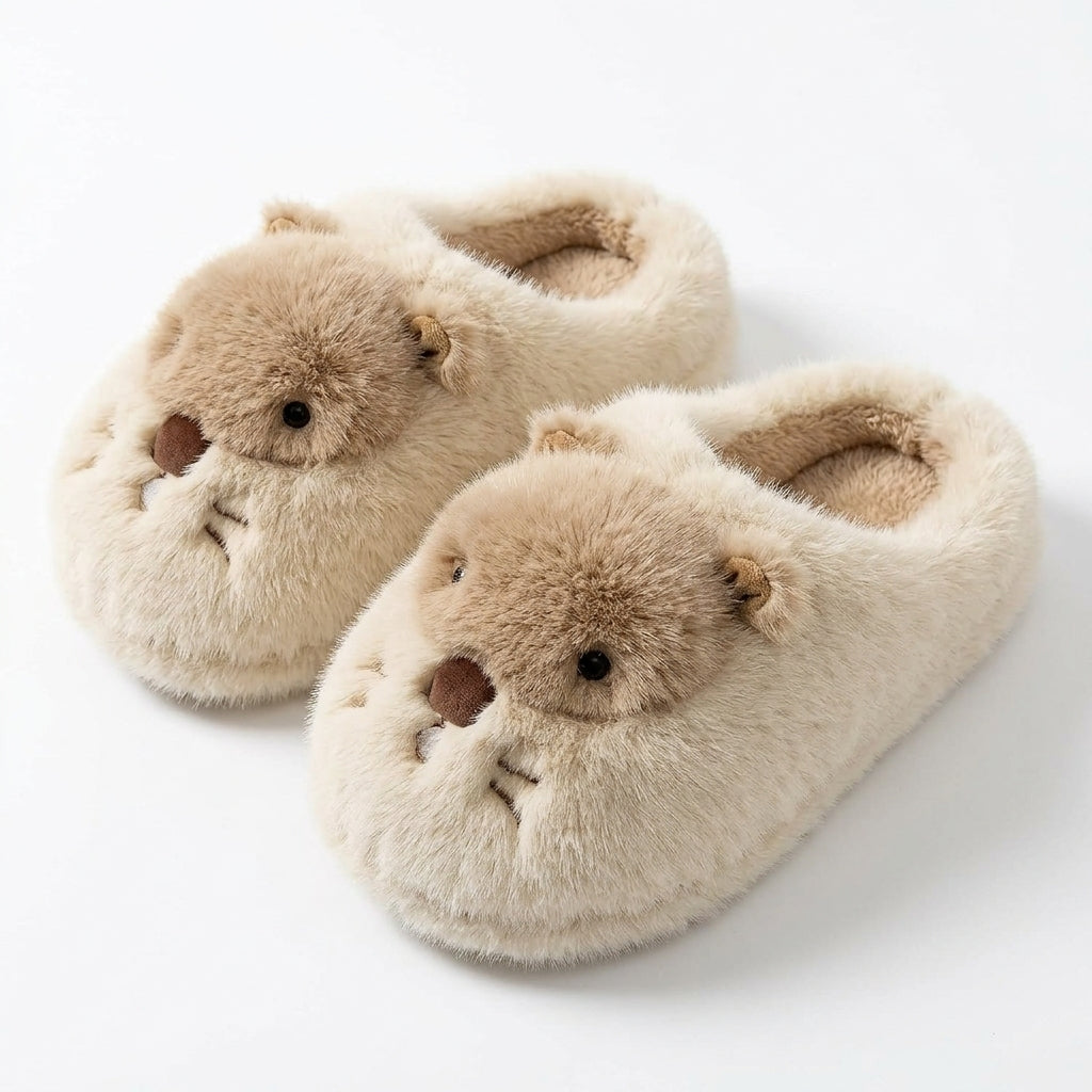 [WHOLESALE ONLY - CONTACT TO ORDER] Unisex 3D Sea Otter Fluffy Faux Fur Memory Foam Winter Slippers - Platform Non-Slip House Shoes (Cream & Caramel Brown) [FM-113]