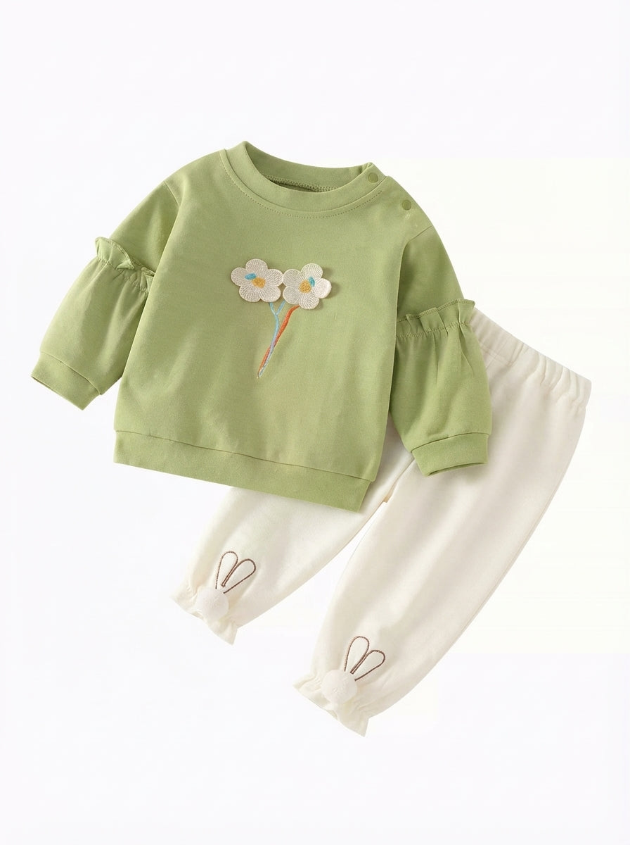 [WHOLESALE ONLY - CONTACT TO ORDER] Toddler Baby Girls 2-Piece Ruffle Sleeve Sweatshirt & Bunny Ears Cuffed Joggers Set - Floral Embroidery Loungewear [KW-101]