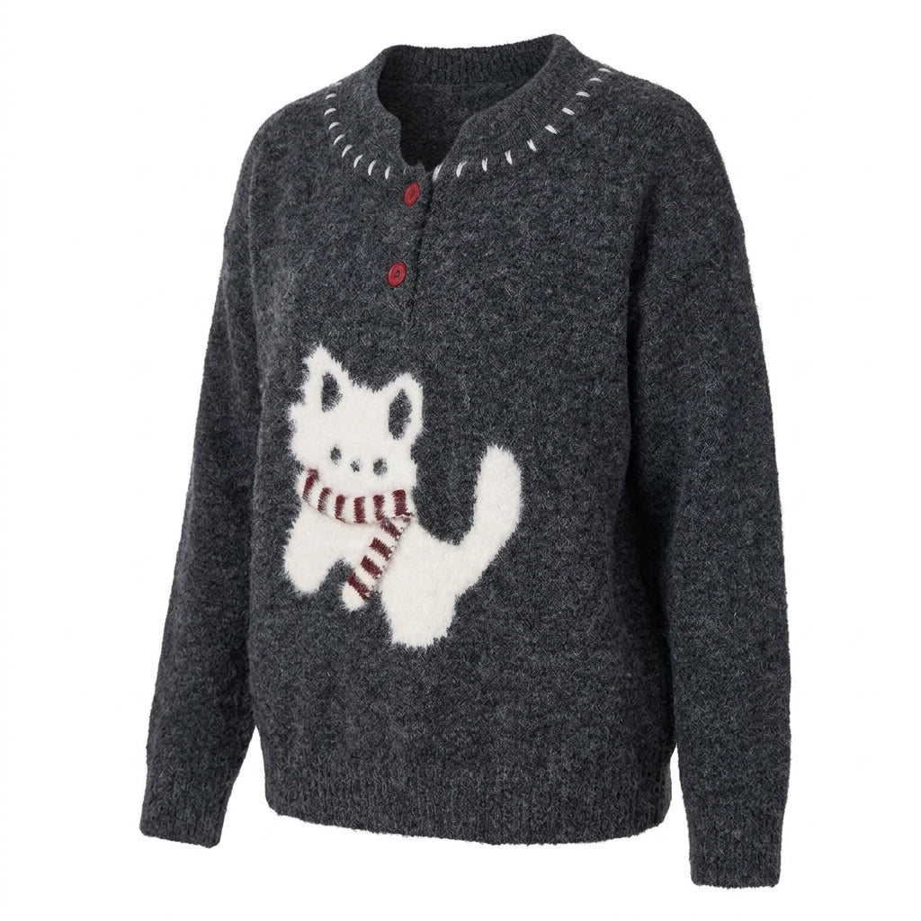 [WHOLESALE ONLY - CONTACT TO ORDER] Women's / Unisex Retro Whimsical Kitten Intarsia Fuzzy Knit Henley Sweater with Contrast Collar Hand-Stitch Detailing (Heather Charcoal Grey) [AW-231]