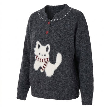 [WHOLESALE ONLY - CONTACT TO ORDER] Women's / Unisex Retro Whimsical Kitten Intarsia Fuzzy Knit Henley Sweater with Contrast Collar Hand-Stitch Detailing (Heather Charcoal Grey) [AW-231]
