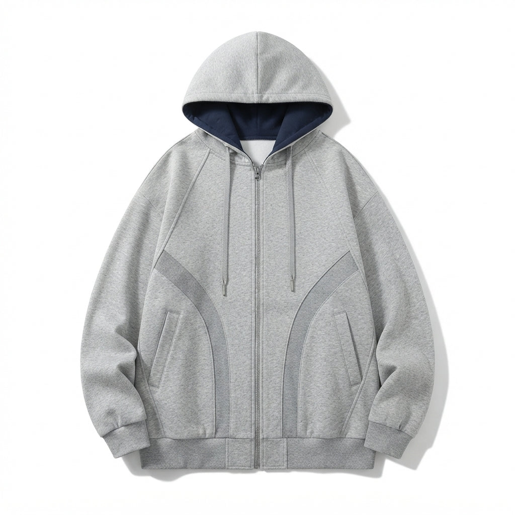 [WHOLESALE ONLY - CONTACT TO ORDER] Unisex Heavyweight 400GSM 80% Cotton Fleece Curved Arch Paneled Full-Zip Oversized Hoodie (Heather Grey & Navy) [AW-104]