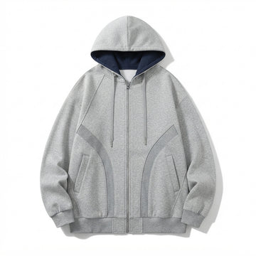 [WHOLESALE ONLY - CONTACT TO ORDER] Unisex Heavyweight 400GSM 80% Cotton Fleece Curved Arch Paneled Full-Zip Oversized Hoodie (Heather Grey & Navy) [AW-104]