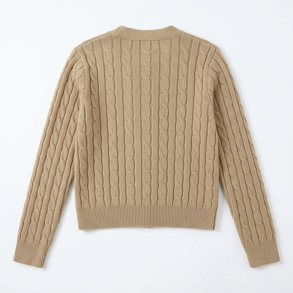 [WHOLESALE ONLY - CONTACT TO ORDER] Women's Classic Fitted Cable-Knit Crewneck Button-Front Cardigan Sweater with Tortoise Buttons (Warm Heather Camel Tan) [AW-189]