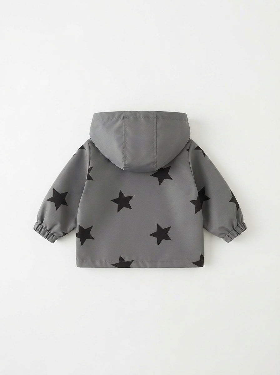 [WHOLESALE ONLY - CONTACT TO ORDER] Toddler Boys Lightweight Hooded Windbreaker Jacket - Black Star Pattern Padded Yellow Star Zipper Pull Coat [KW-156]