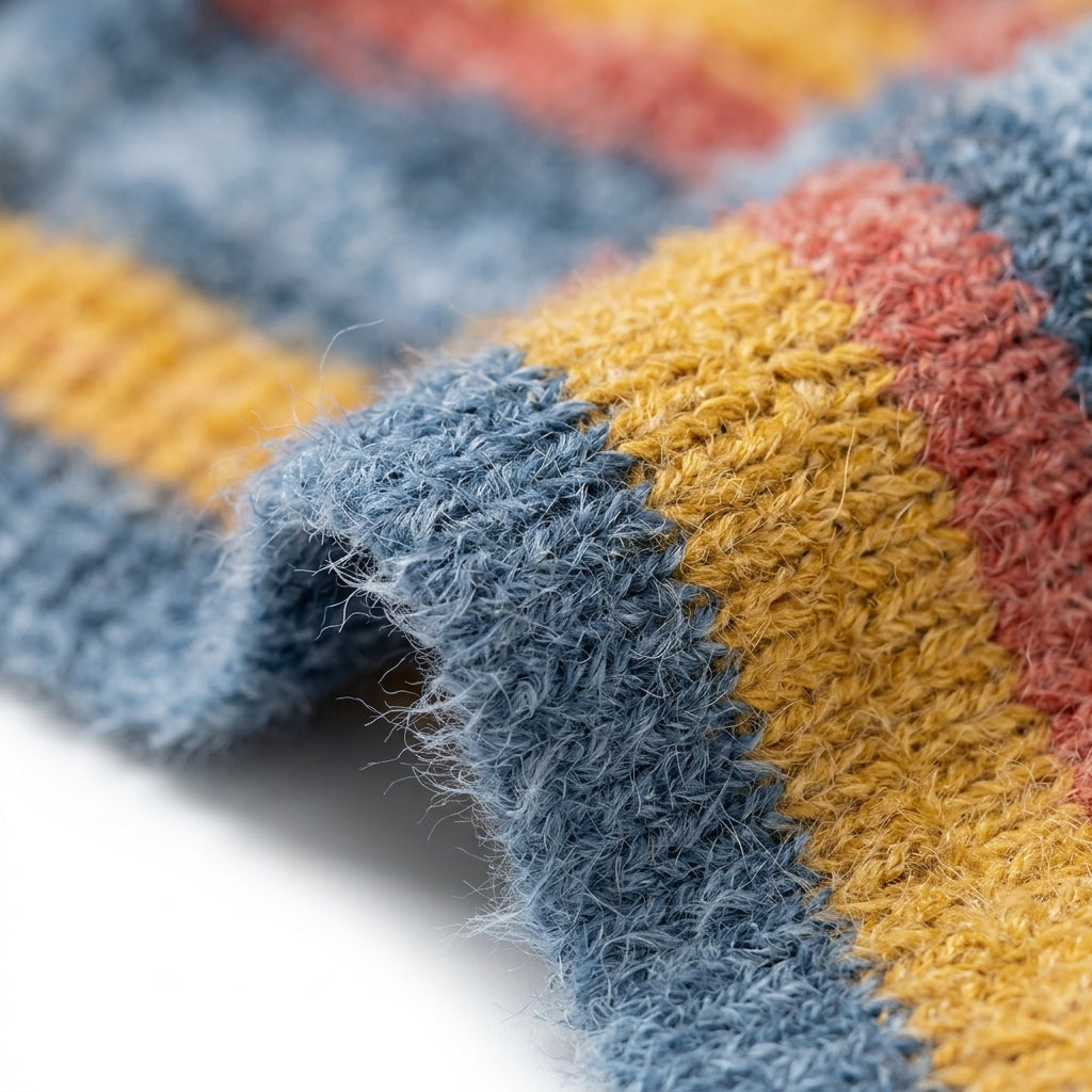 [WHOLESALE ONLY - CONTACT TO ORDER] Unisex Retro Sunset Multi-Stripe Fuzzy Chenille Crewneck Pullover Sweater (Denim Blue, Amber Gold & Terracotta) [AW-233]