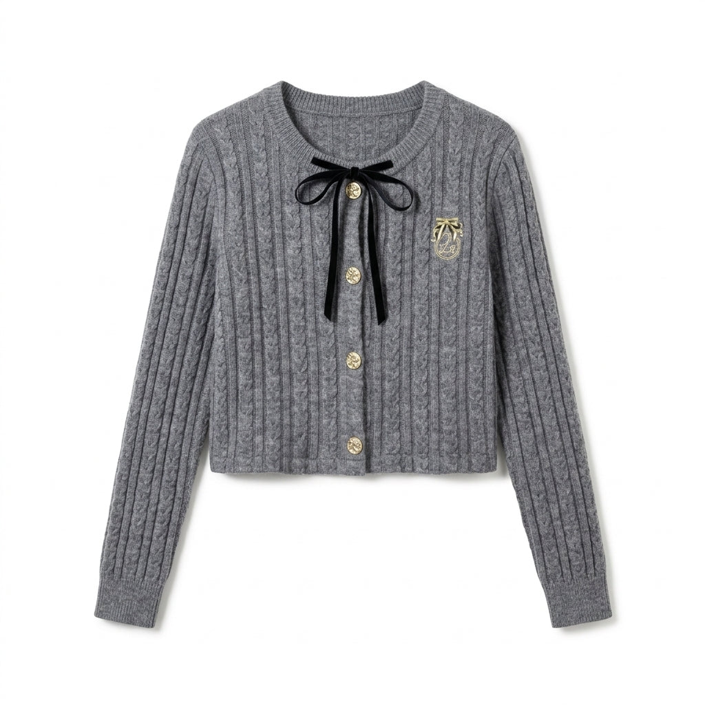 [WHOLESALE ONLY - CONTACT TO ORDER] Women's Preppy 2-in-1 Layered Cable-Knit Cardigan with Pleated Shirting Trim, Velvet Bow & Gold Crest Button Details (Heather Medium Grey & Sky Blue) [AW-232]