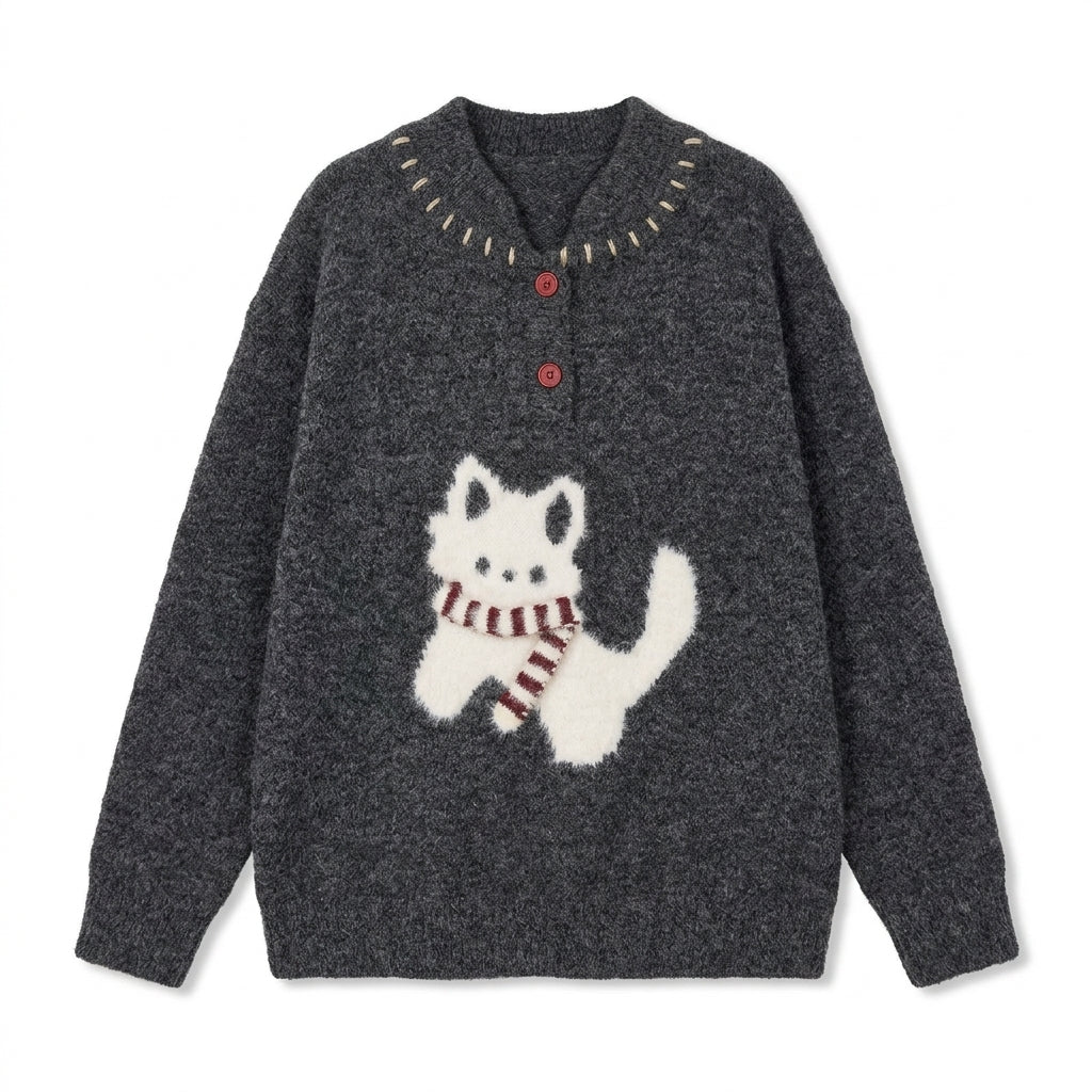 [WHOLESALE ONLY - CONTACT TO ORDER] Women's / Unisex Retro Whimsical Kitten Intarsia Fuzzy Knit Henley Sweater with Contrast Collar Hand-Stitch Detailing (Heather Charcoal Grey) [AW-231]
