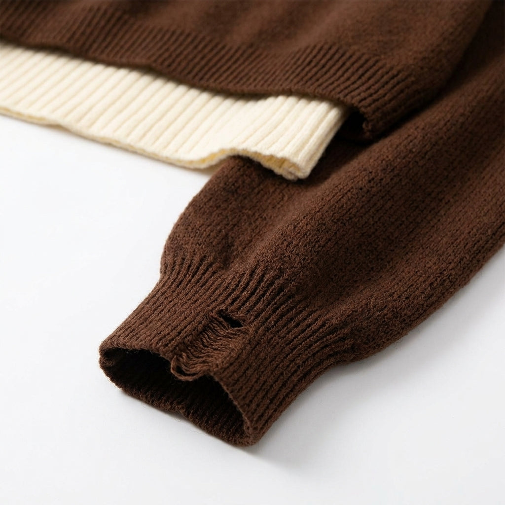 [WHOLESALE ONLY - CONTACT TO ORDER] Women's Preppy 2-in-1 Layered Cropped Knit Pullover Sweater with Ribbed Polo Collar Insert & Distressed Sleeve Details (Espresso Brown & Cream White) [AW-221]