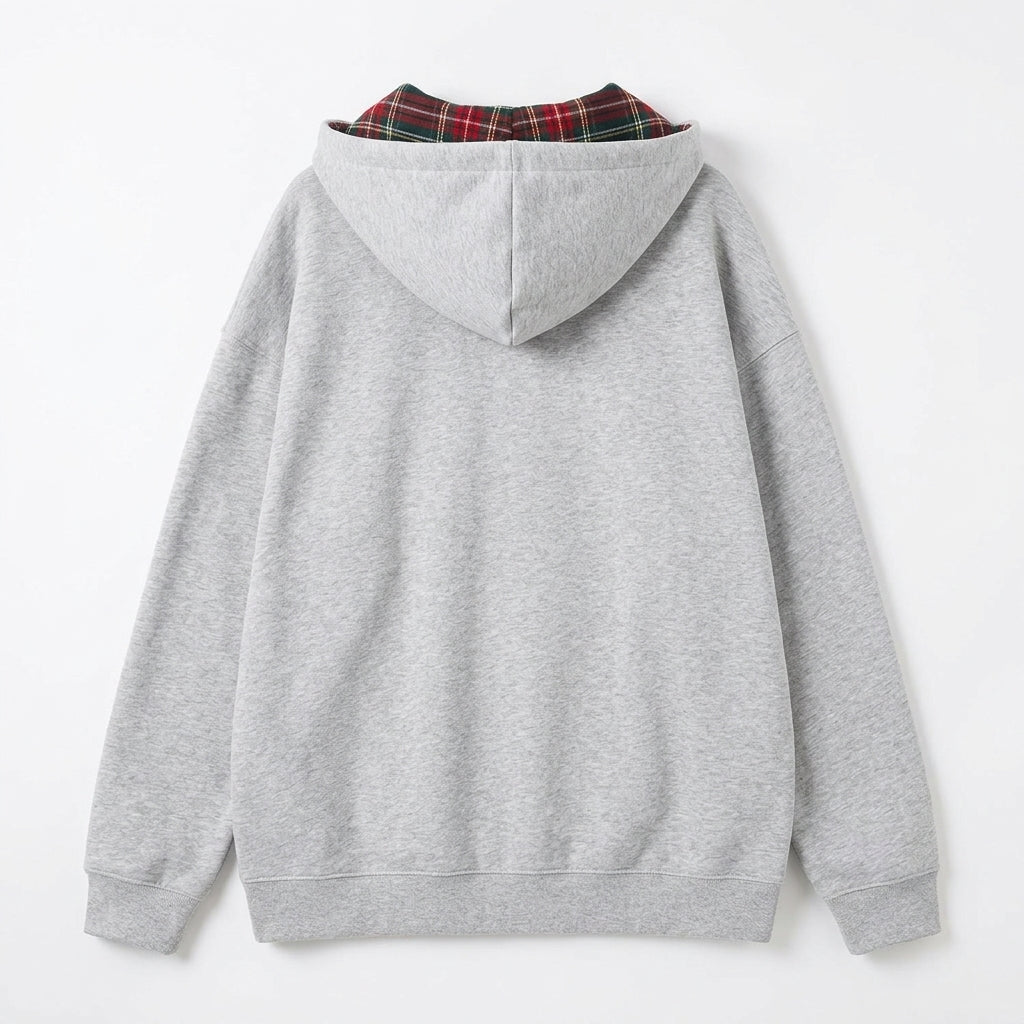 [WHOLESALE ONLY - CONTACT TO ORDER] Unisex Heavyweight 380GSM 80% Cotton Fleece Red & Green Tartan Plaid Lined Full-Zip Oversized Hoodie (Heather Light Grey) [AW-113]